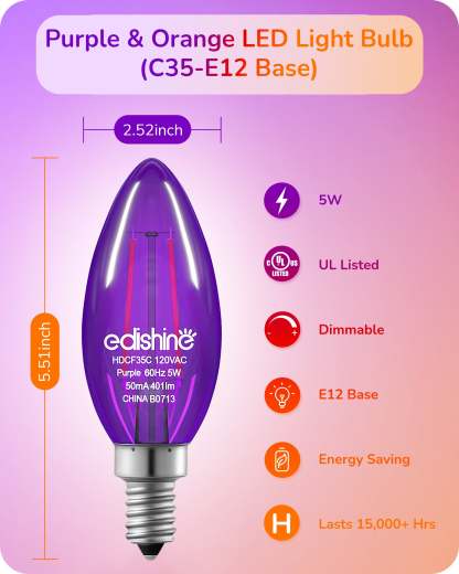 缺货下架EDISHINE 6 Pack Dimmable Purple & Orange Light Bulb-HDCF35C