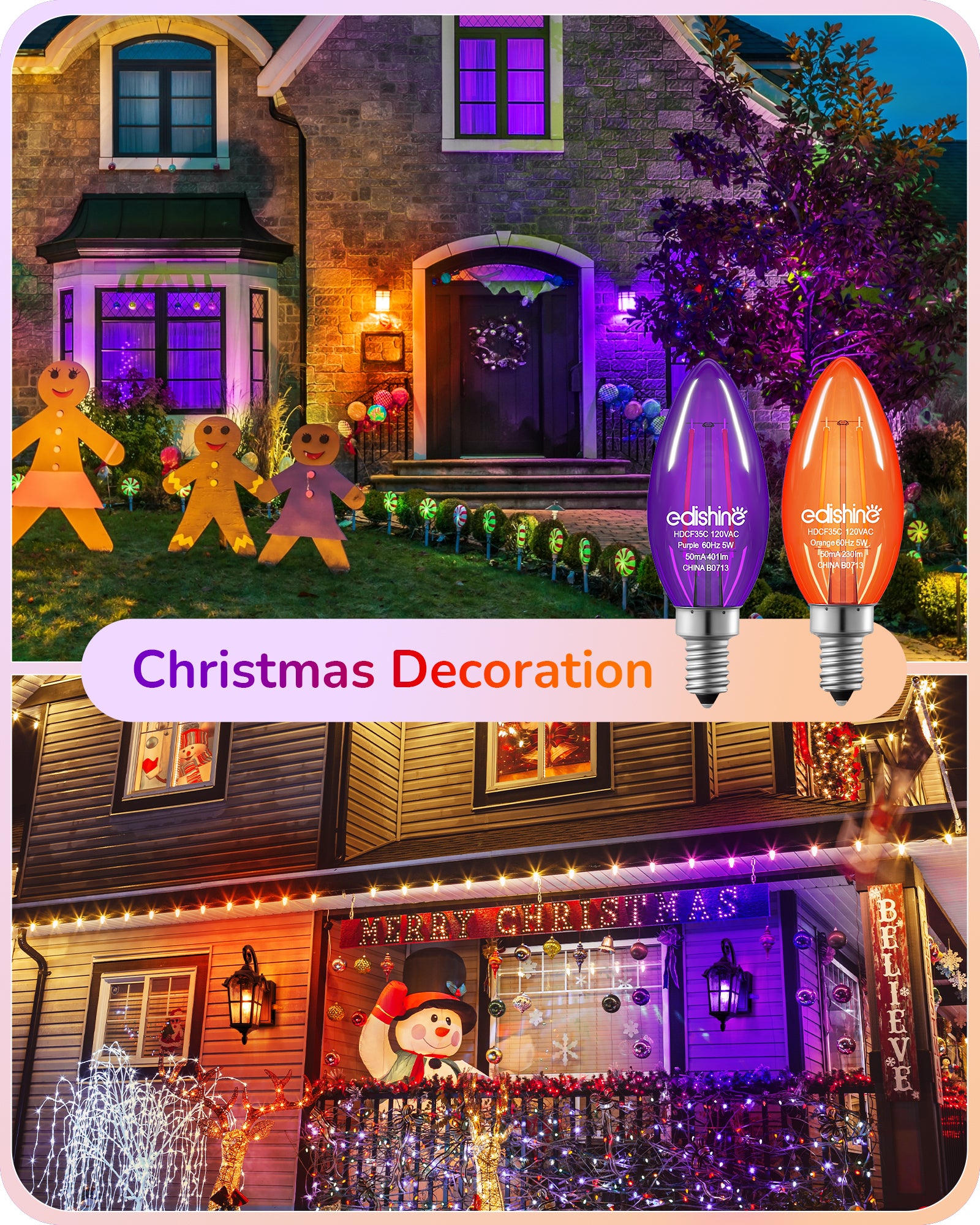 缺货下架EDISHINE 6 Pack Dimmable Purple & Orange Light Bulb-HDCF35C