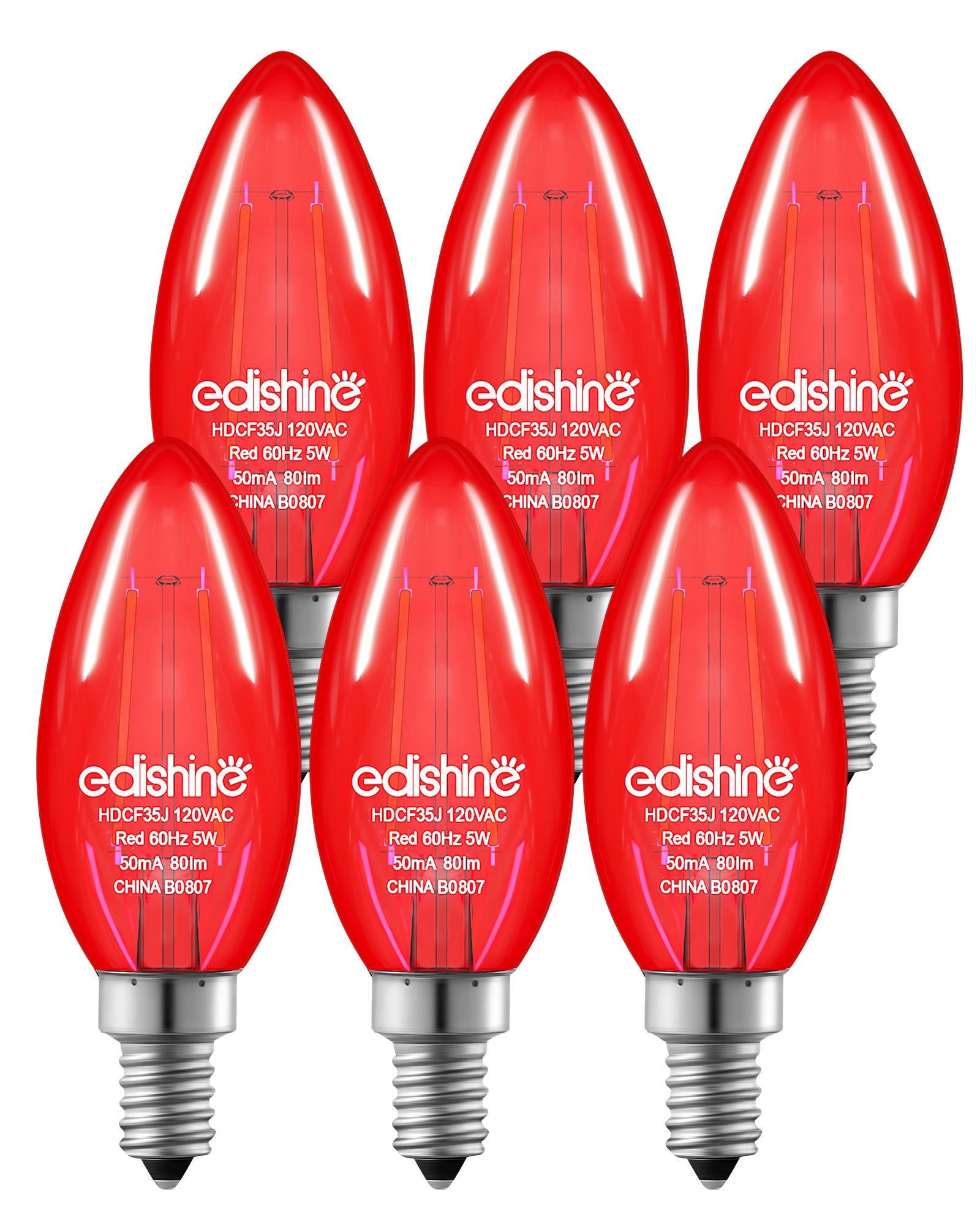 EDISHINE E12 Dimmable Red Light Bulb, 6 Pack-HDCF35F-B2B