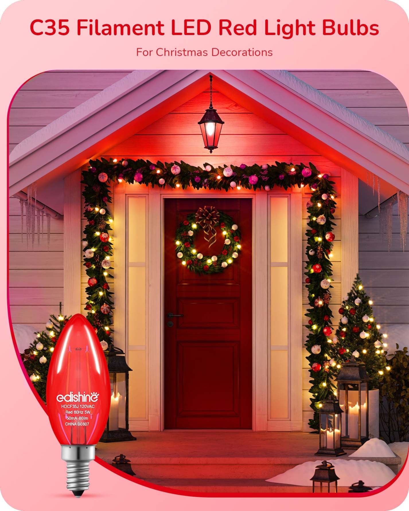 EDISHINE Dimmable Red Light Bulb, 5W Equivalent 60W, C35 LED Filament