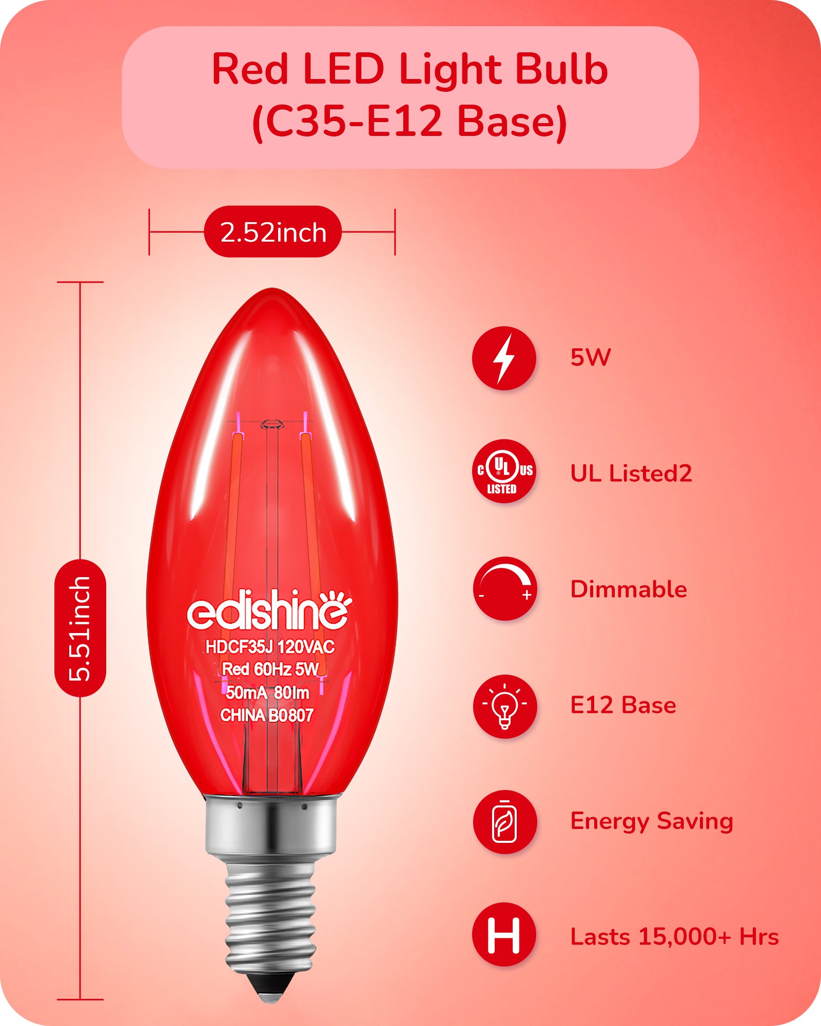 EDISHINE E12 Dimmable Red Light Bulb, 6 Pack-HDCF35F-B2B