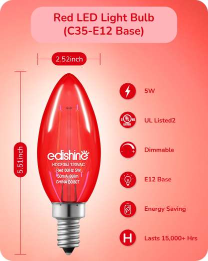 EDISHINE E12 Dimmable Red Light Bulb, 6 Pack-HDCF35F-B2B