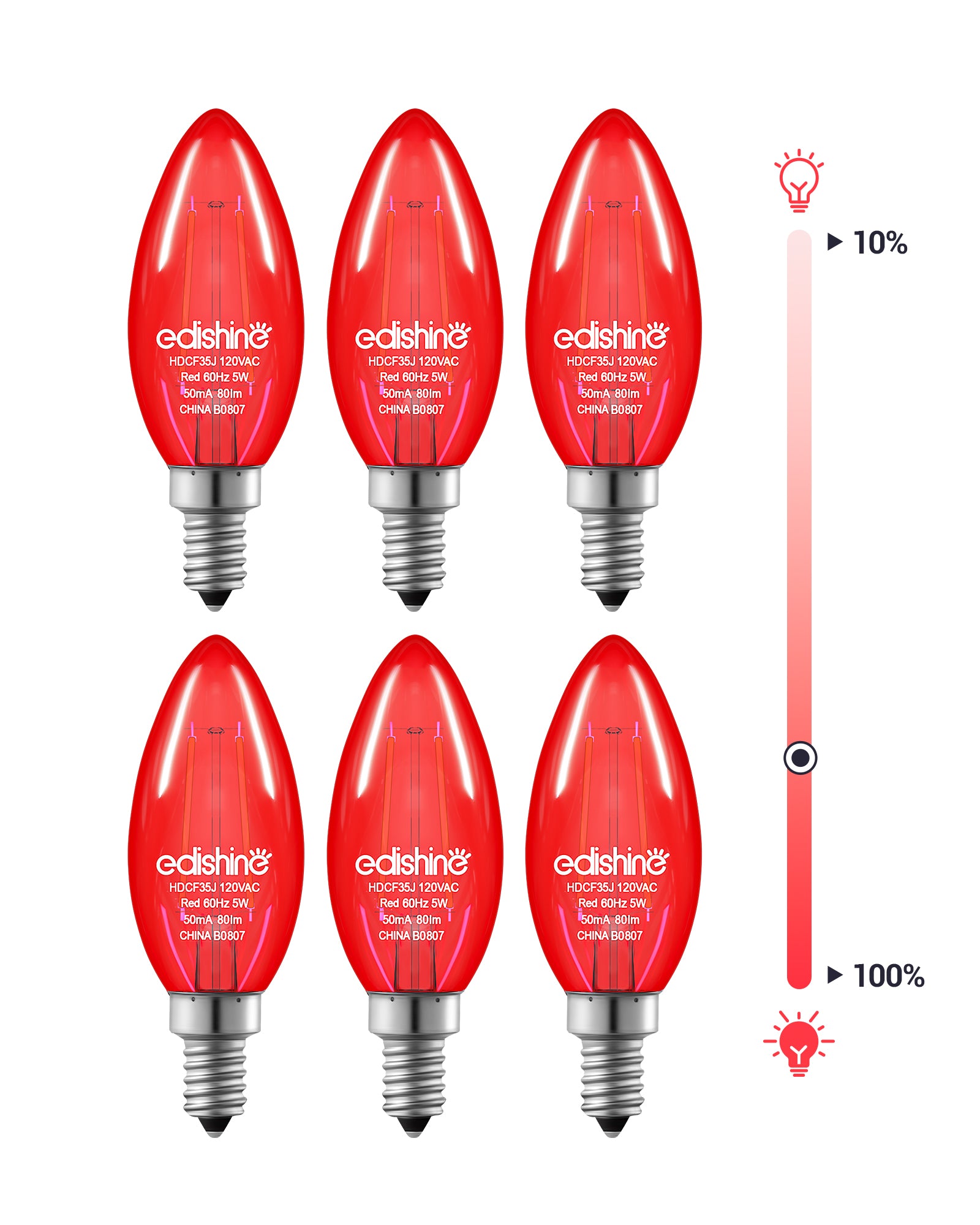 EDISHINE E12 Dimmable Red Light Bulb, 6 Pack-HDCF35F-B2B