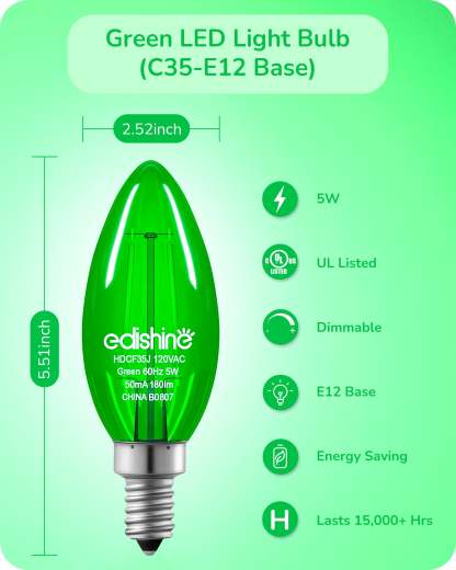 EDISHINE E12 Dimmable Green Light Bulb, 6 Pack-HDCF35G-B2B