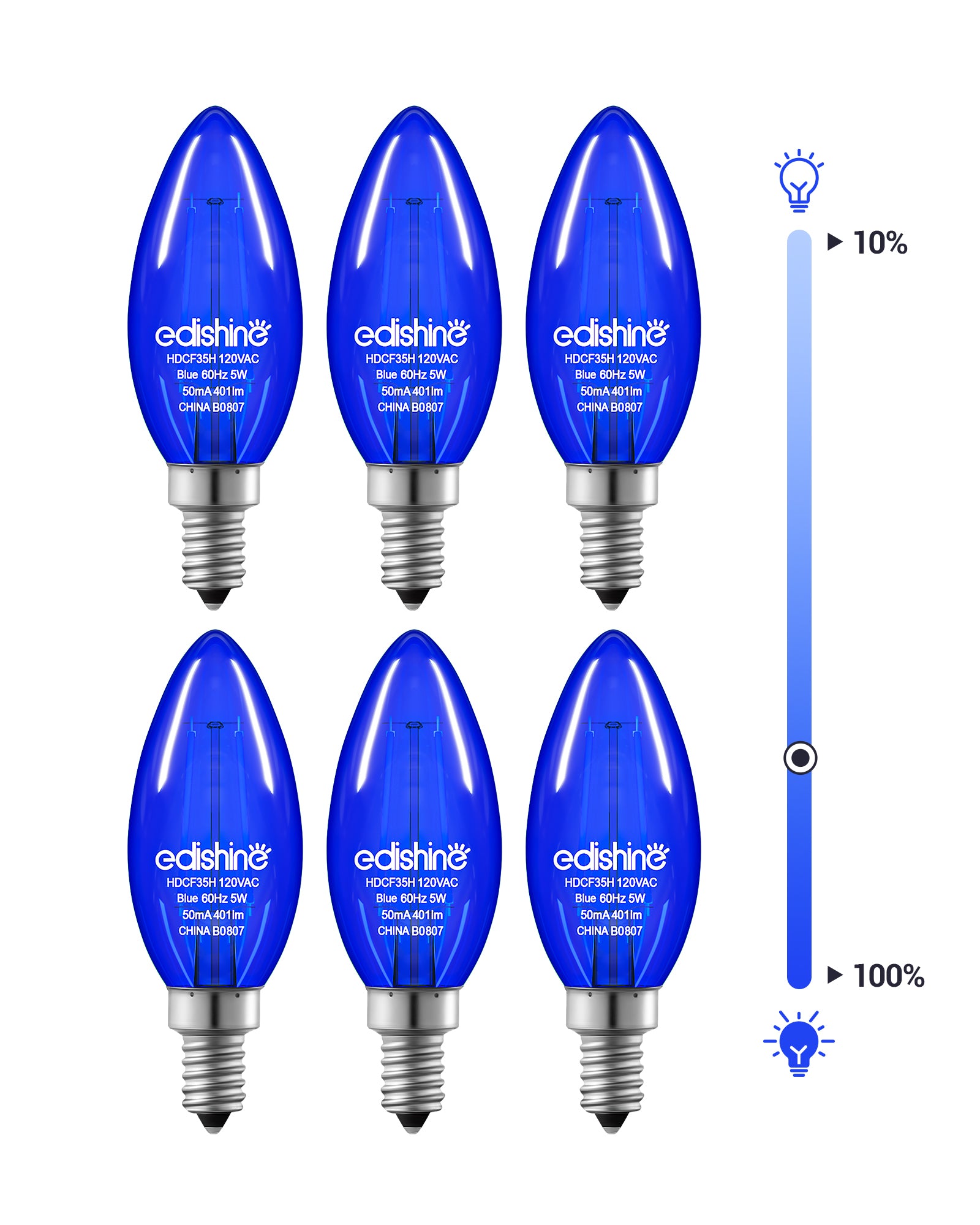 EDISHINE E12 Dimmable Blue Light Bulb, 6 Pack-HDCF35H-B2B
