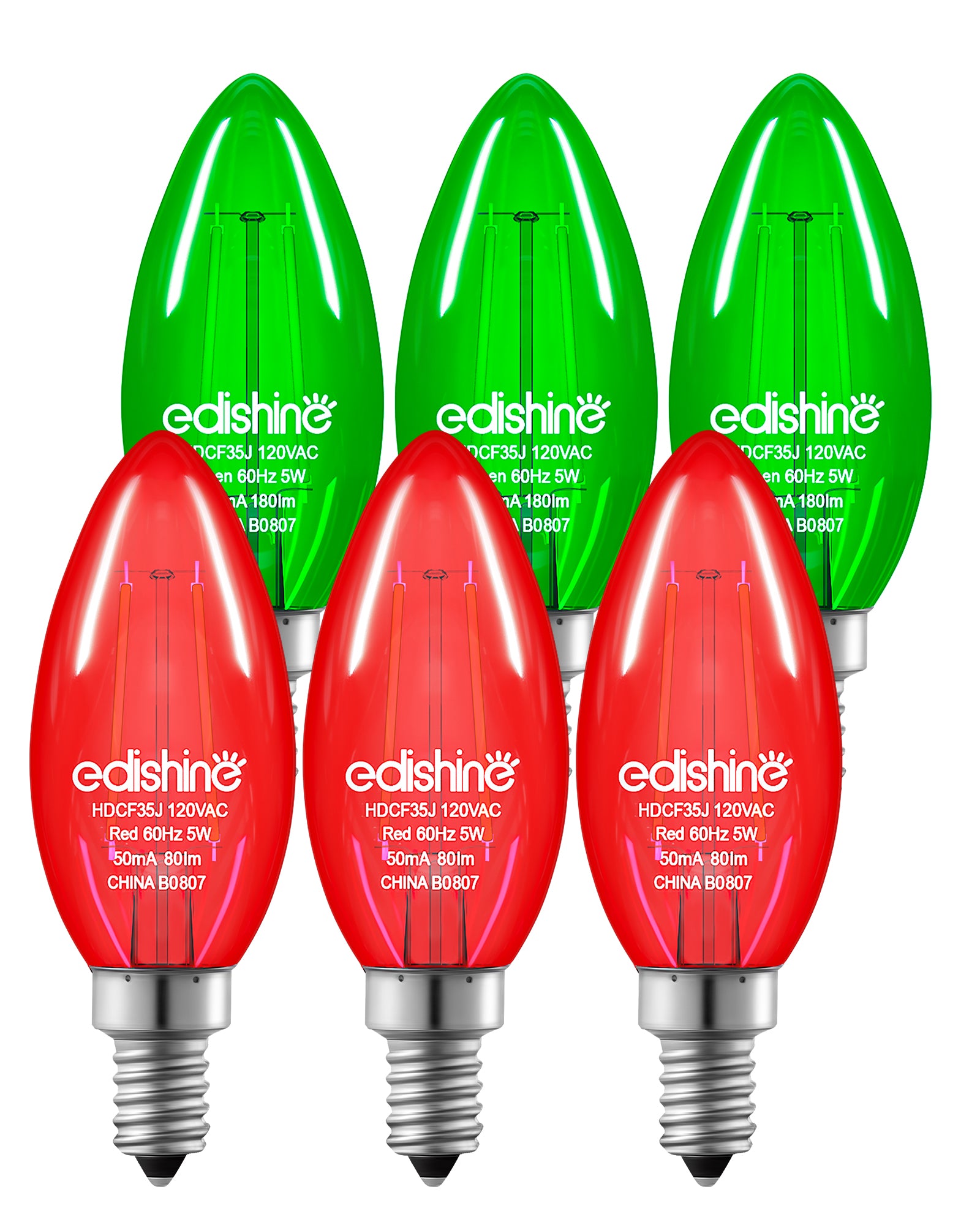 缺货下架EDISHINE E12 Dimmable Red & Green Light Bulb, 6 Pack-HDCF35J