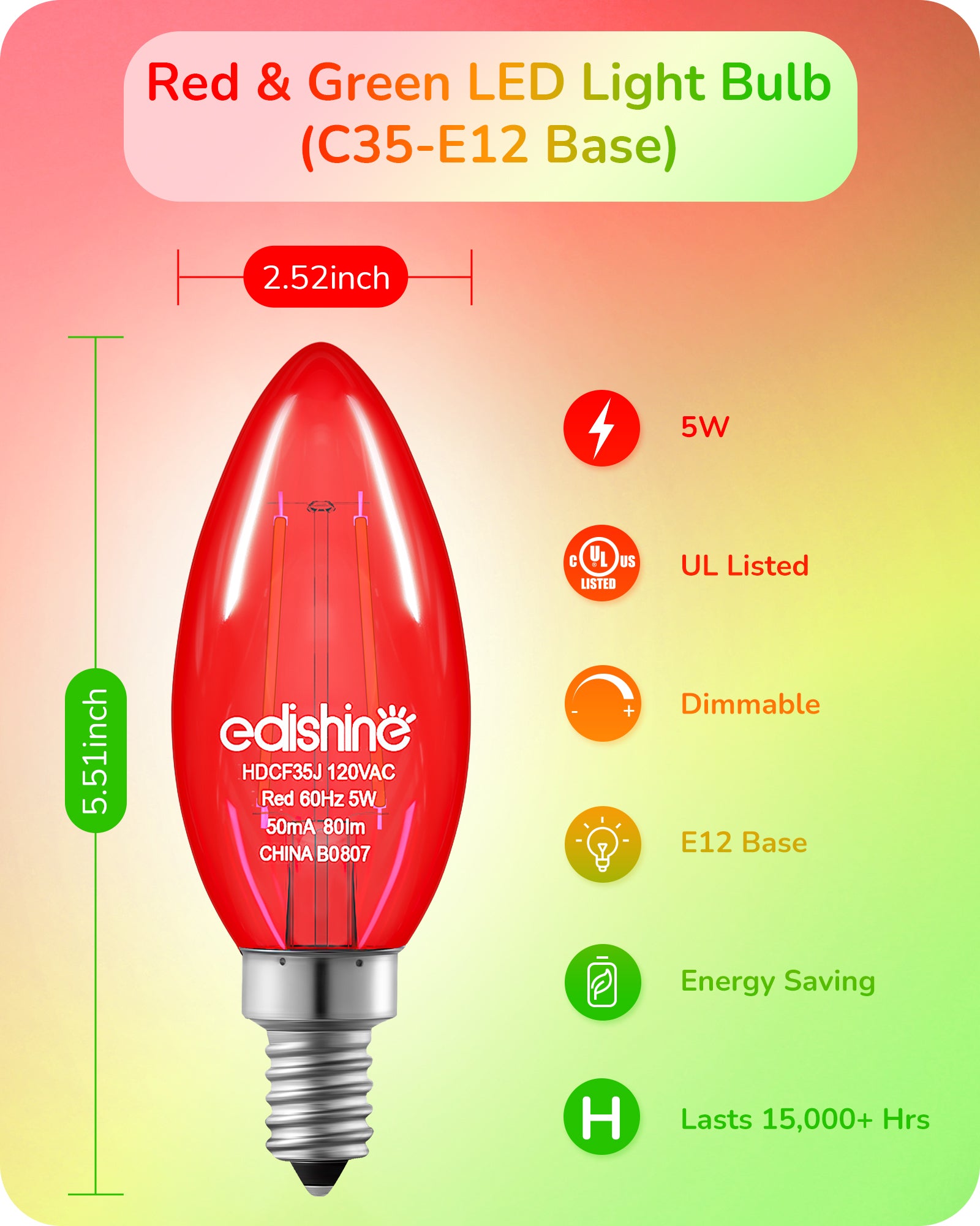 缺货下架EDISHINE E12 Dimmable Red & Green Light Bulb, 6 Pack-HDCF35J