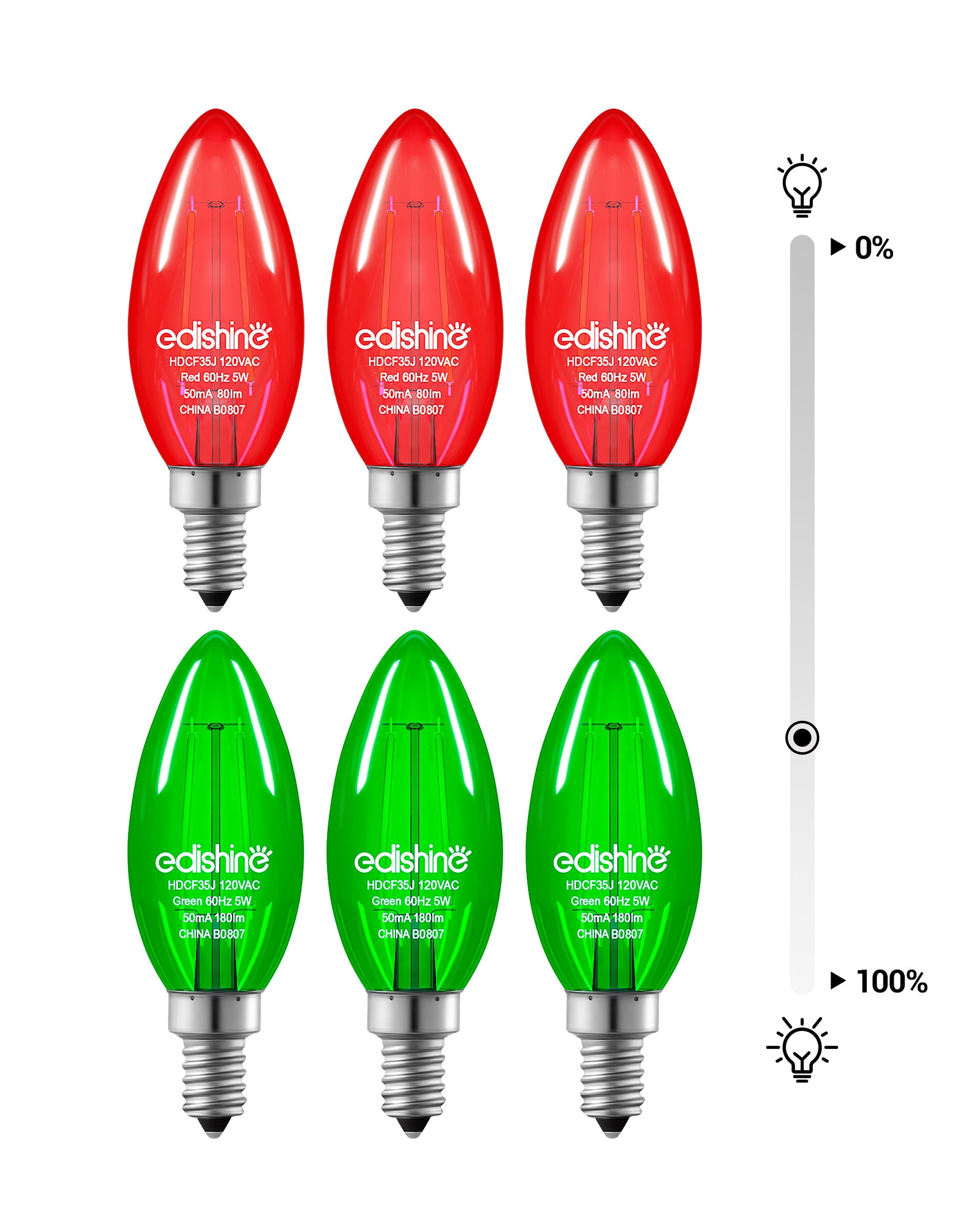 EDISHINE E12 Dimmable Red & Green Light Bulb, 6 Pack-HDCF35J-B2B