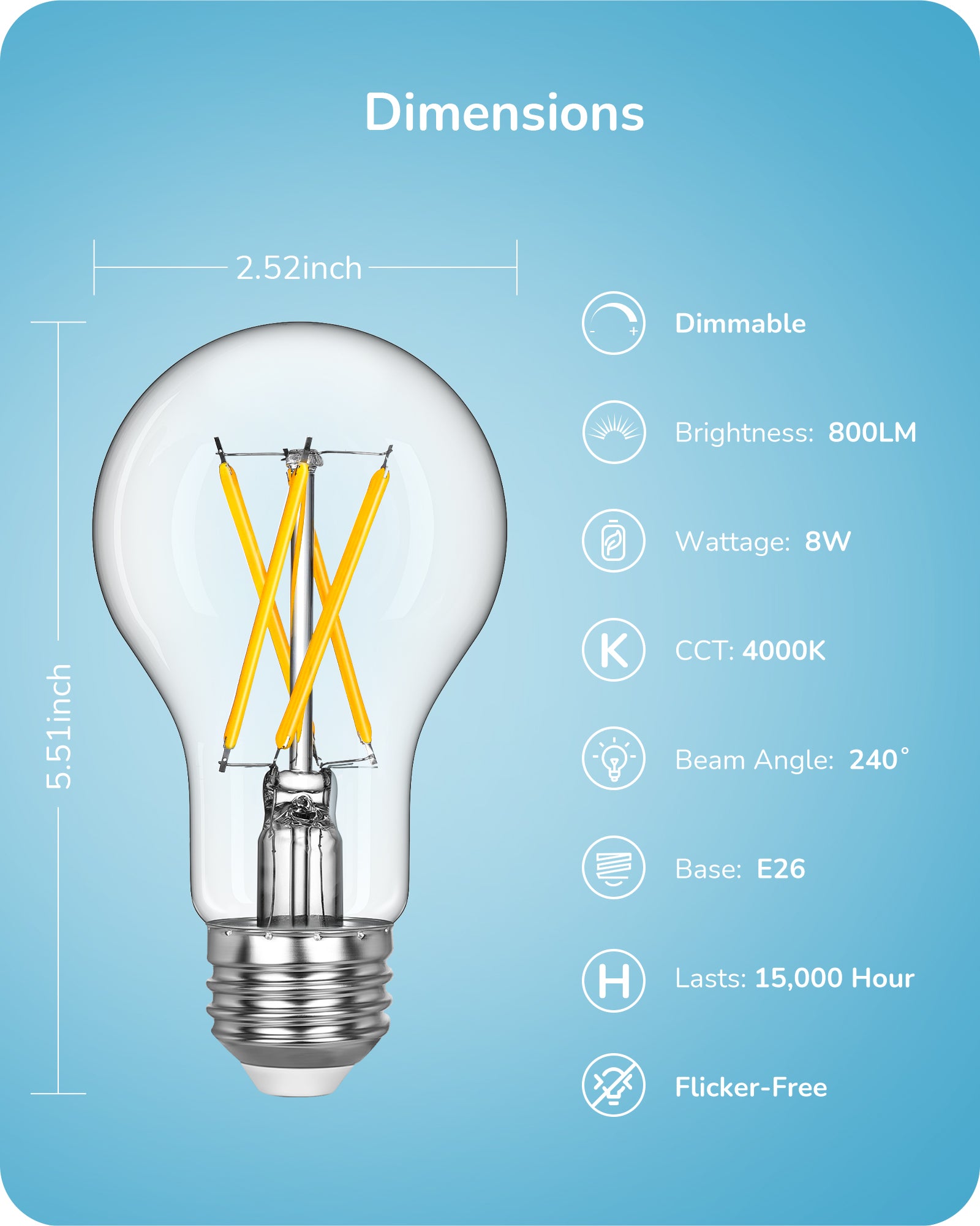EDISHINE 6 Pack Vintage A19 Dimmable LED Edison Bulbs-HDFA19B