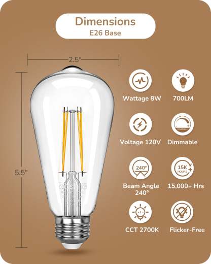EDISHINE 8W 2700K 700LM Warm White Light Bulb, 6 Pack-HDST64C-B2B