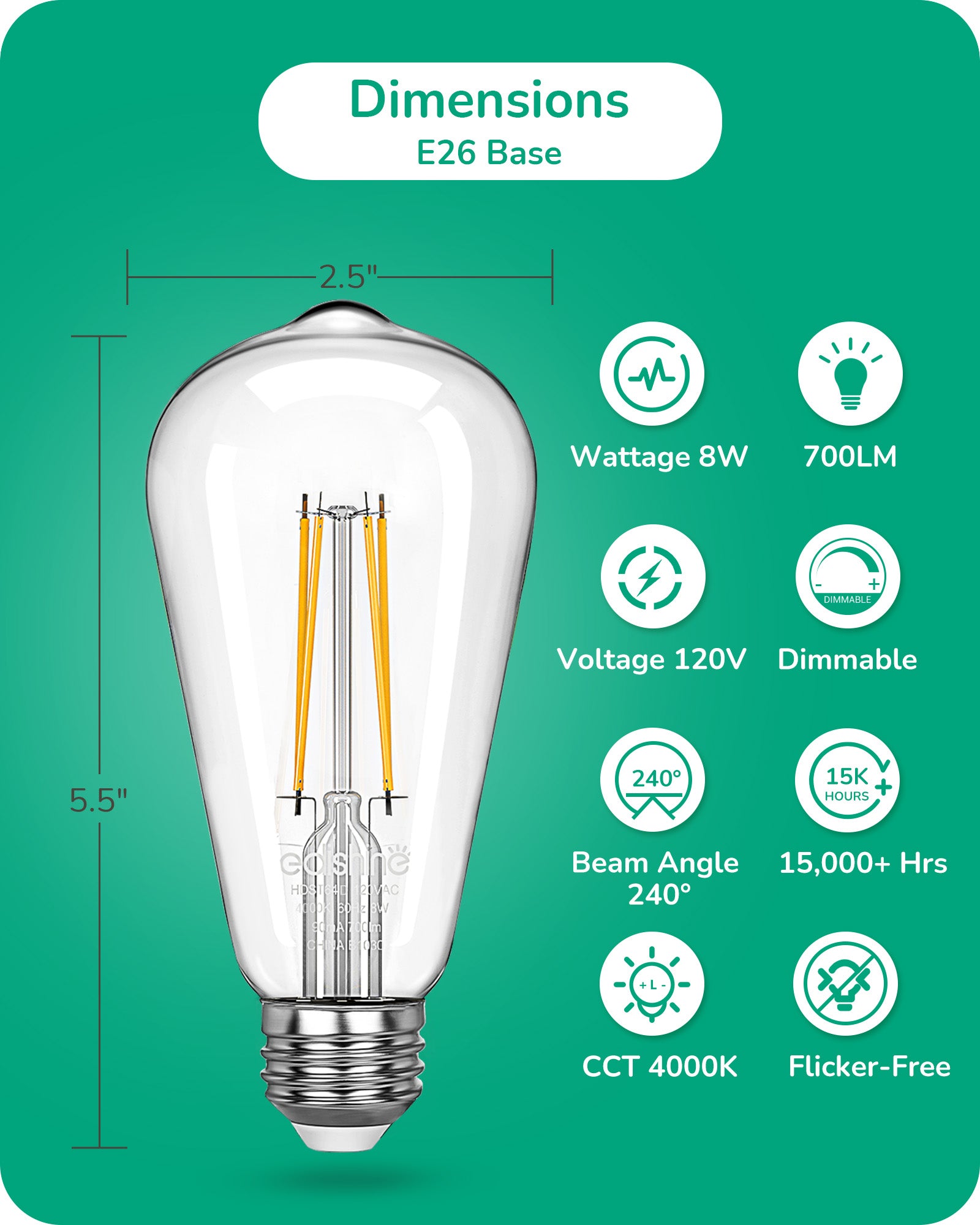 EDISHINE 8W 4000K 700LM Cool White Light ST64 Dimmable Led Light Bulb, 6 Pack-HDST64D-B2B