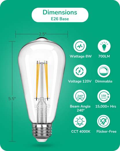 EDISHINE 8W 4000K 700LM Cool White Light ST64 Dimmable Led Light Bulb, 6 Pack-HDST64D-B2B
