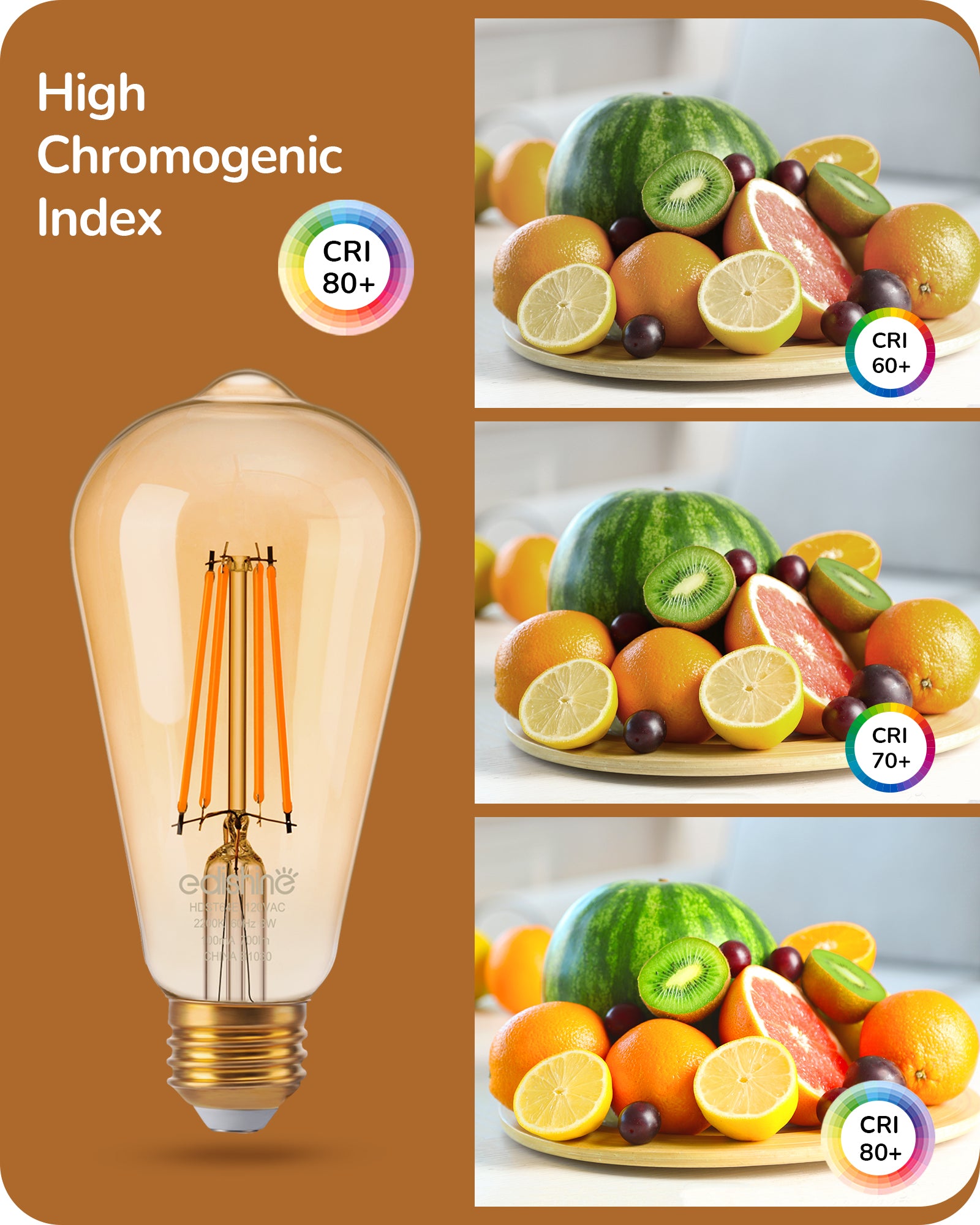 EDISHINE 8W 2200K 700LM Amber Warm Light ST64 Dimmable Led Light Bulb with 240° Beam Angle, 6 Pack-HDST64E-B2B