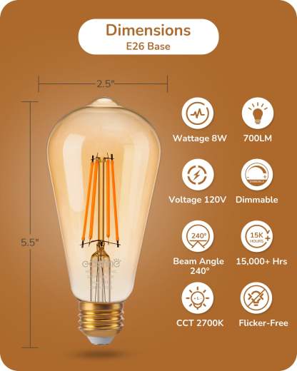 EDISHINE 8W 2200K 700LM Amber Warm Light ST64 Dimmable Led Light Bulb with 240° Beam Angle, 6 Pack-HDST64E-B2B