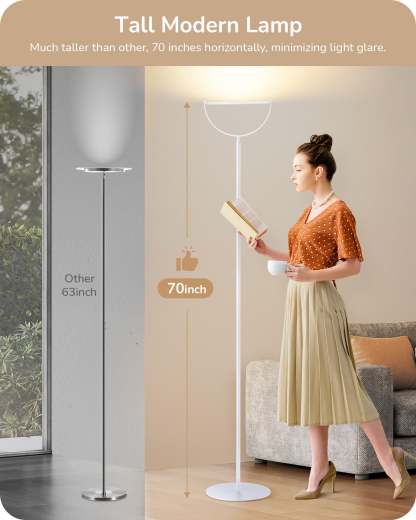 EDISHINE 76" Tall Floor Lamp, 28W 2500LM, 300° Flexible Head, 2700K-6500K Dimmable, White-HFLAA1A
