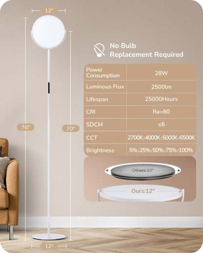 EDISHINE 76" Tall Floor Lamp, 28W 2500LM, 300° Flexible Head, 2700K-6500K Dimmable, White-HFLAA1A