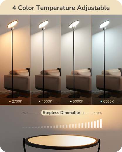 EDISHINE 76" Tall Floor Lamp, 28W 2500LM, 300° Flexible Head, 2700K-6500K Dimmable, Black-HFLAA1B