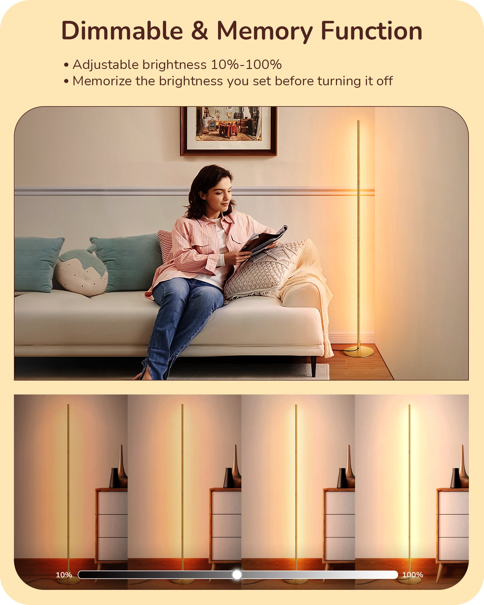 EDISHINE Modern Slim Dimmable LED Corner Floor Lamp, Gold-HFLCB1A