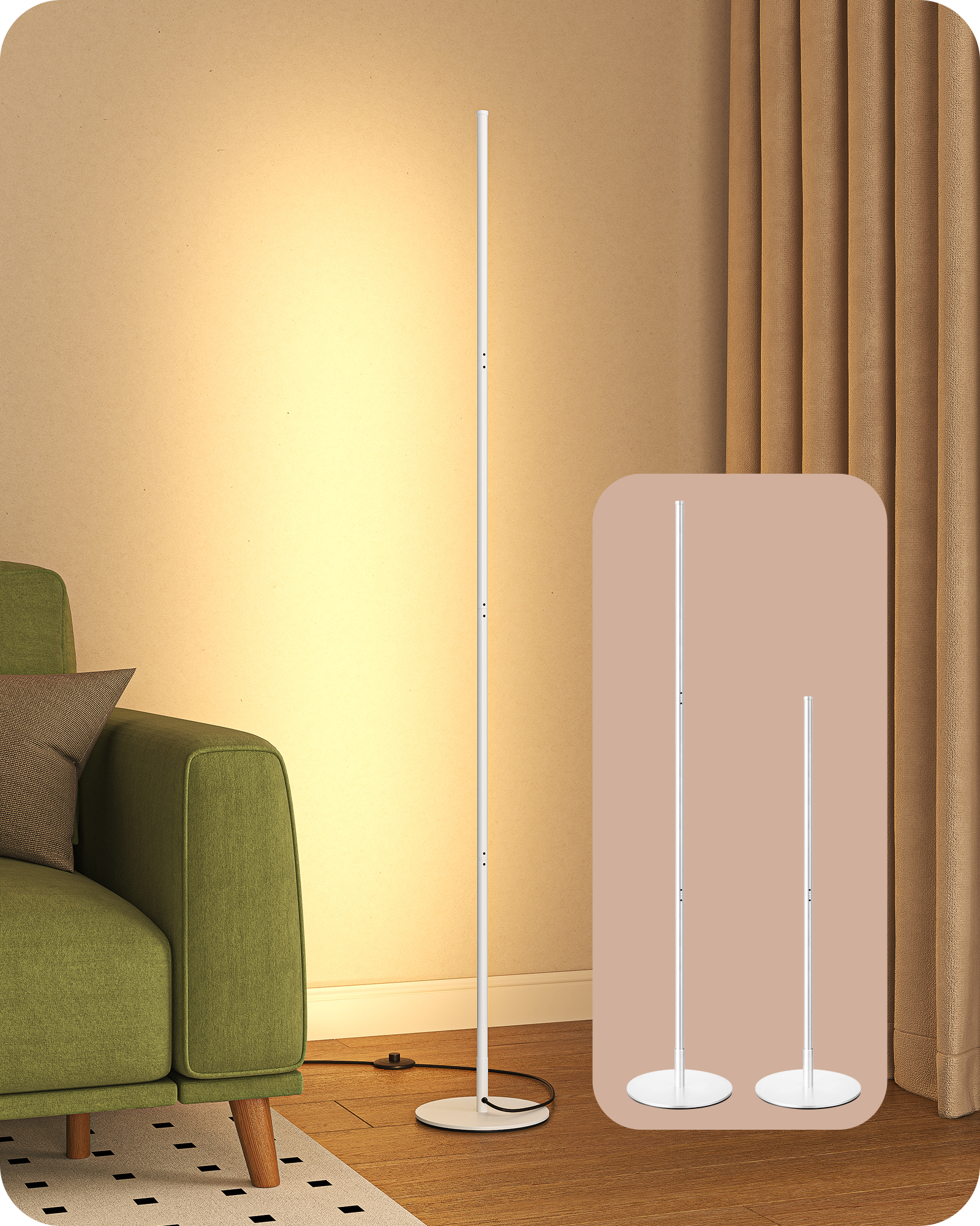EDISHINE LED Corner Floor Lamp, 57.5", Dimmable, Adjustable Height, 3000K Warm White Light, White-HFLCB1D