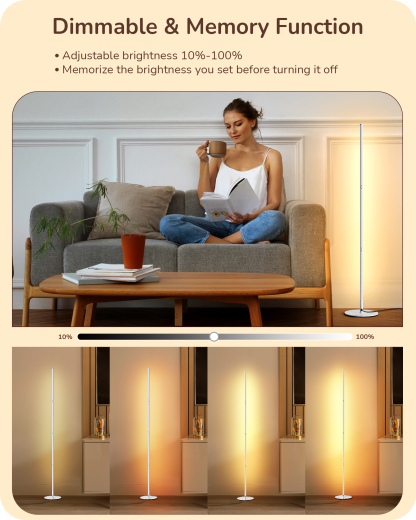 EDISHINE LED Corner Floor Lamp, 57.5", Dimmable, Adjustable Height, 3000K Warm White Light, White-HFLCB1D