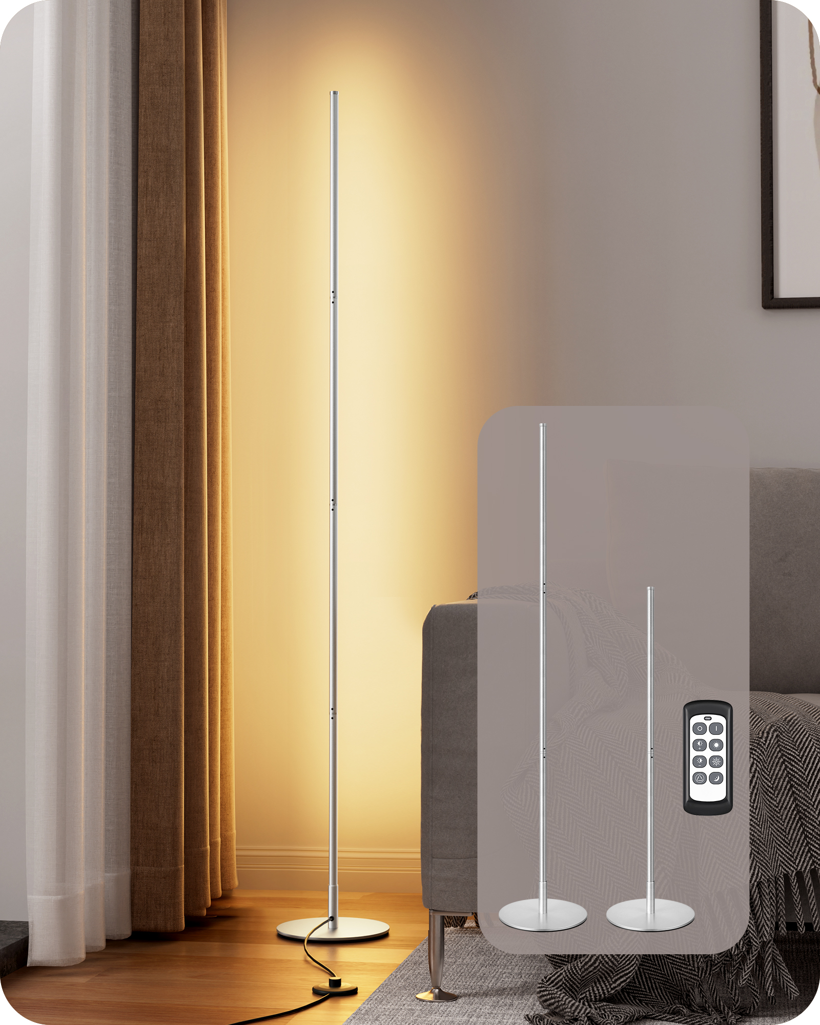 EDISHINE 57.5" Dimmable Corner Floor Lamp, Silver-HFLCB2G