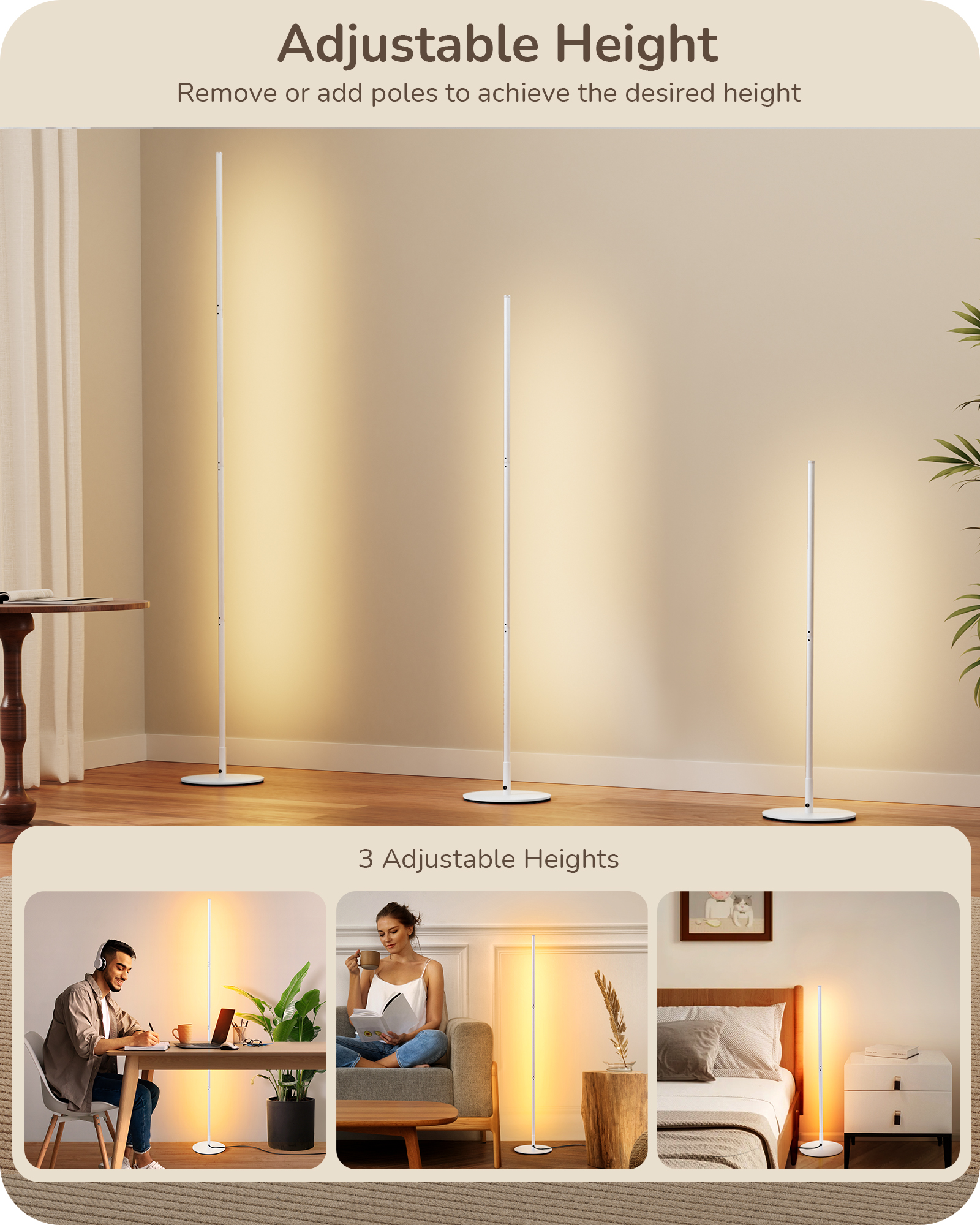 EDISHINE Set of 2 57.5" Minimalist Dimmable LED Floor Lamp with Remote, White-HFLCB2M
