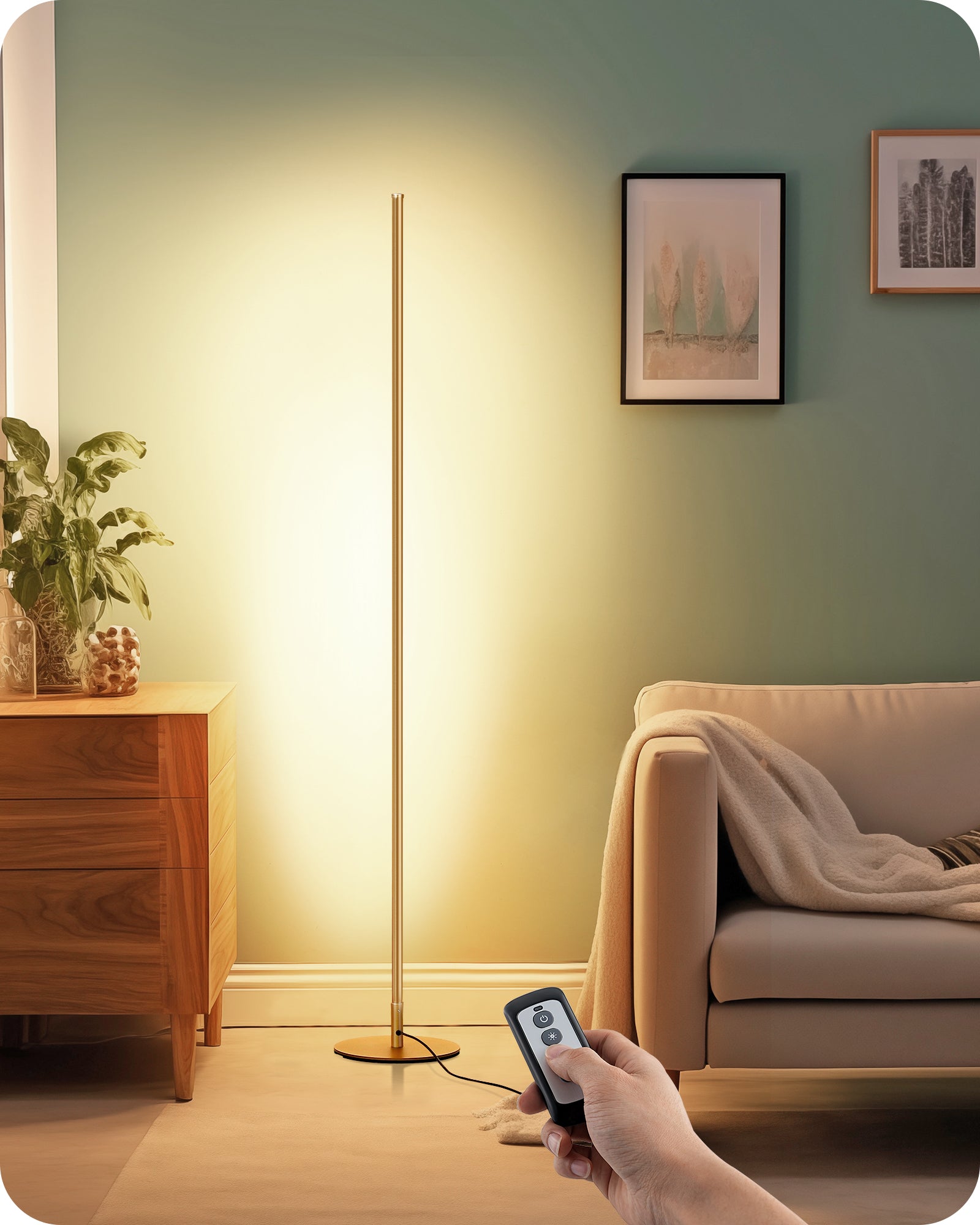EDISHINE 57.5" Minimalist Dimmable LED Corner Floor Lamp with Remote, 3000K Warm White Light (Gold)-HFLCB3A-B2B