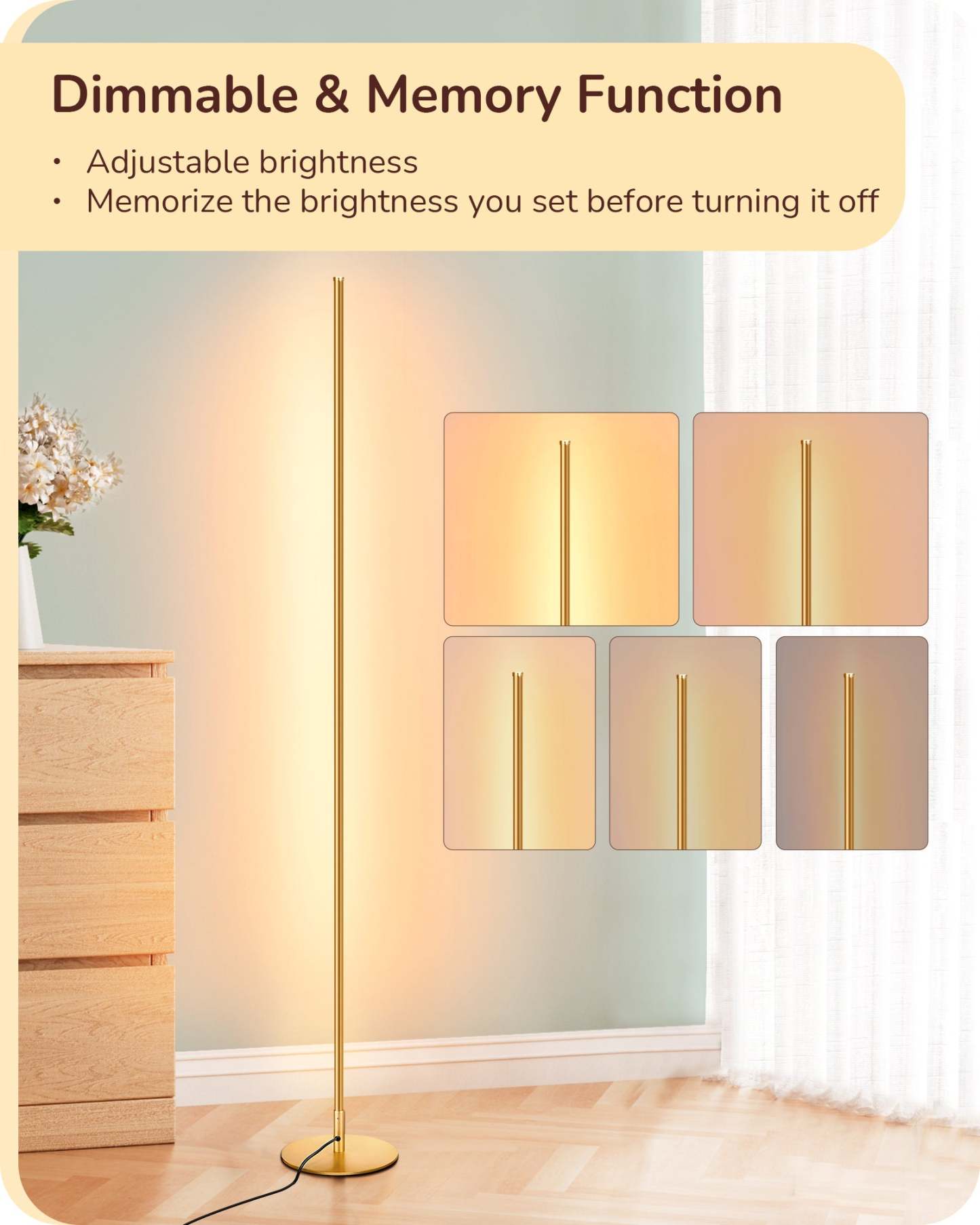 EDISHINE 57.5" Minimalist Dimmable LED Corner Floor Lamp with Remote, 3000K Warm White Light (Gold)-HFLCB3A-B2B
