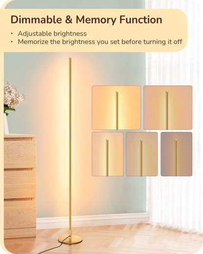 EDISHINE 57.5" Minimalist Dimmable LED Corner Floor Lamp with Remote, 3000K Warm White Light (Gold)-HFLCB3A-B2B