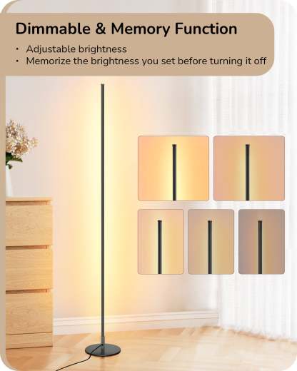 EDISHINE 57.5" Minimalist Dimmable LED Corner Floor Lamp with Remote, 3000K Warm White Light (Black)-HFLCB3B-B2B