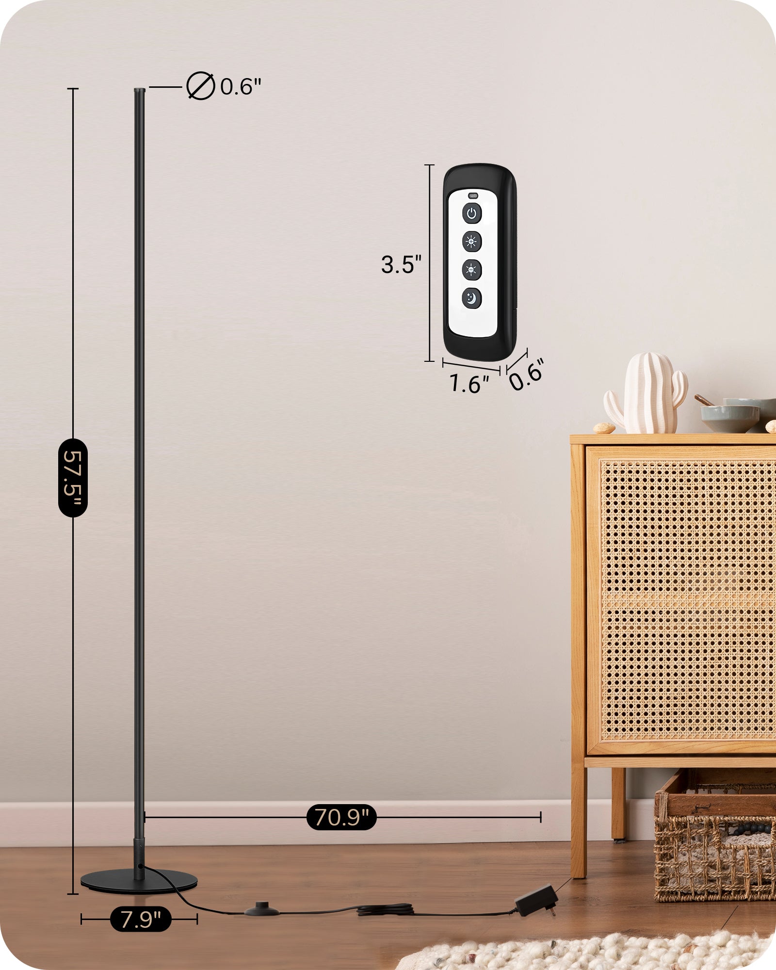 EDISHINE 57.5" Minimalist Dimmable LED Corner Floor Lamp with Remote, 3000K Warm White Light (Black)-HFLCB3B-B2B