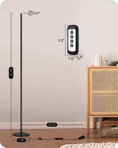 EDISHINE 57.5" Minimalist Dimmable LED Corner Floor Lamp with Remote, 3000K Warm White Light (Black)-HFLCB3B-B2B