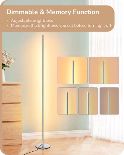 EDISHINE 57.5" Minimalist Dimmable LED Corner Floor Lamp with Remote, 3000K Warm White Light (Silver)-F1HFLCB3C