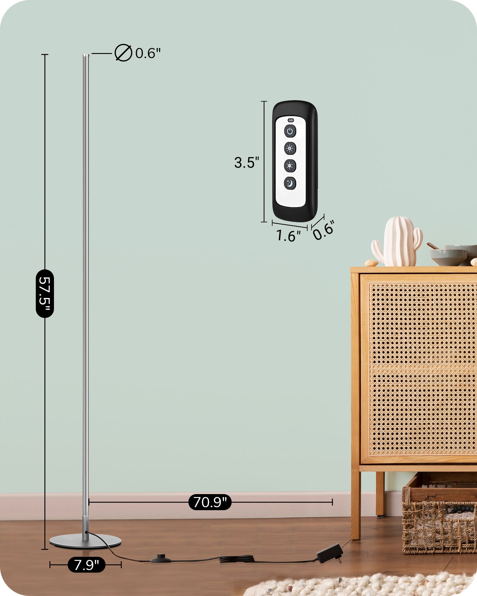 EDISHINE 57.5" Minimalist Dimmable LED Corner Floor Lamp with Remote, 3000K Warm White Light (Silver)-F1HFLCB3C