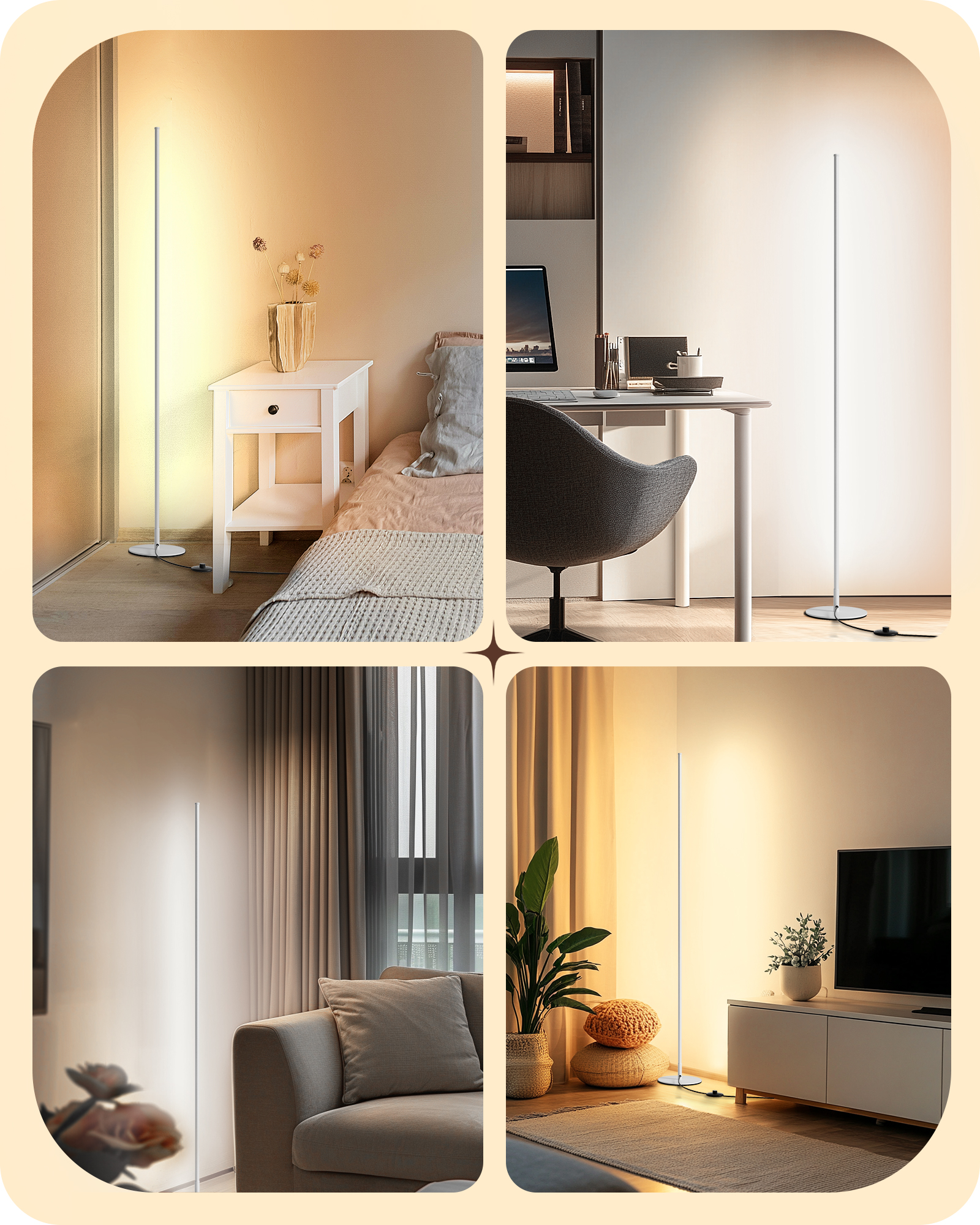 EDISHINE 57.5" Dimmable LED Corner Floor Lamp with Remote, White-HFLCB3D