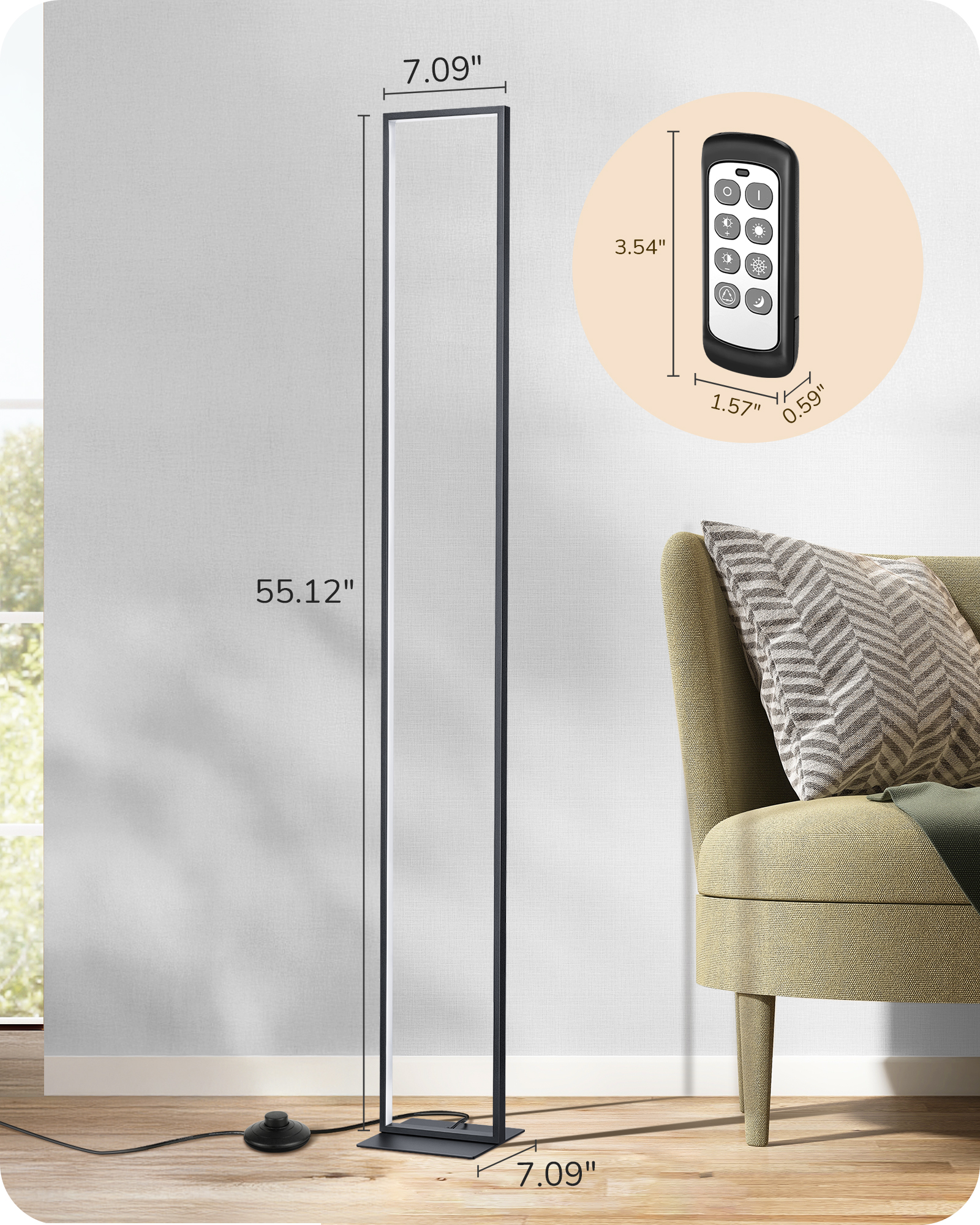 EDISHINE 55" Modern Minimalist LED Floor Lamp, Black-HFLCD1B
