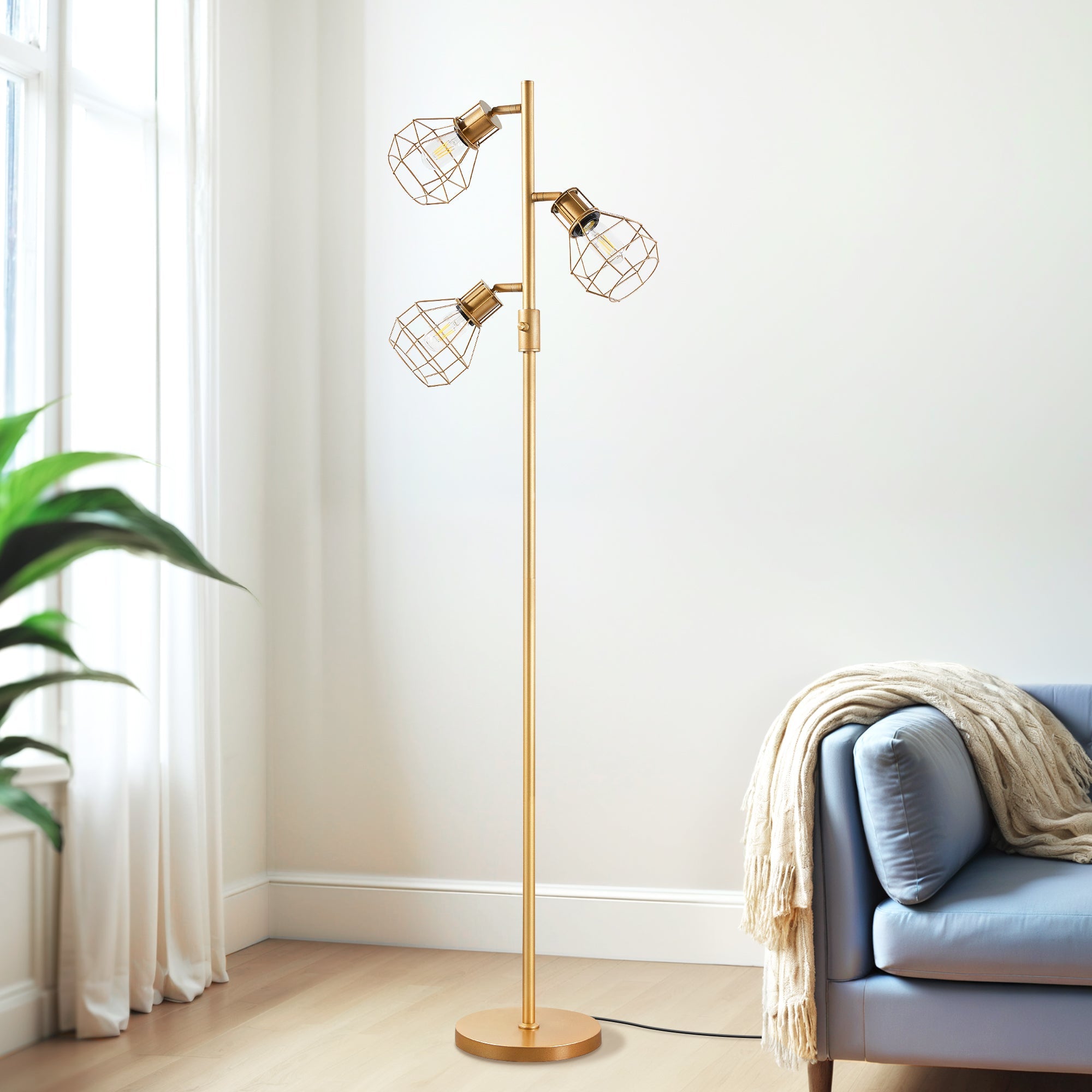 EDISHINE 64.8" Dimmable Tree Floor Lamp,3 Bulbs Included, Gold-HFLDA1A