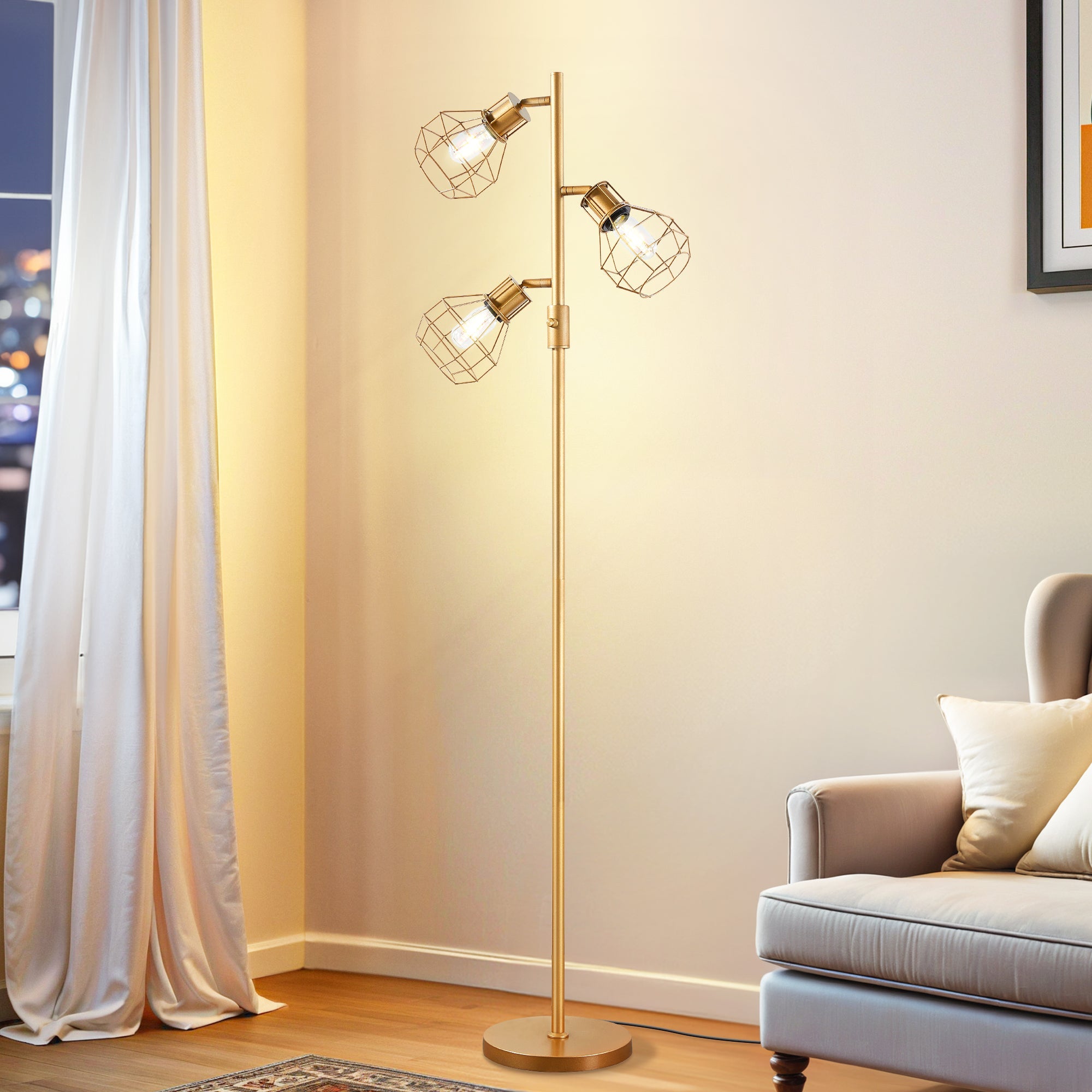 EDISHINE 64.8" Dimmable Tree Floor Lamp,3 Bulbs Included, Gold-HFLDA1A