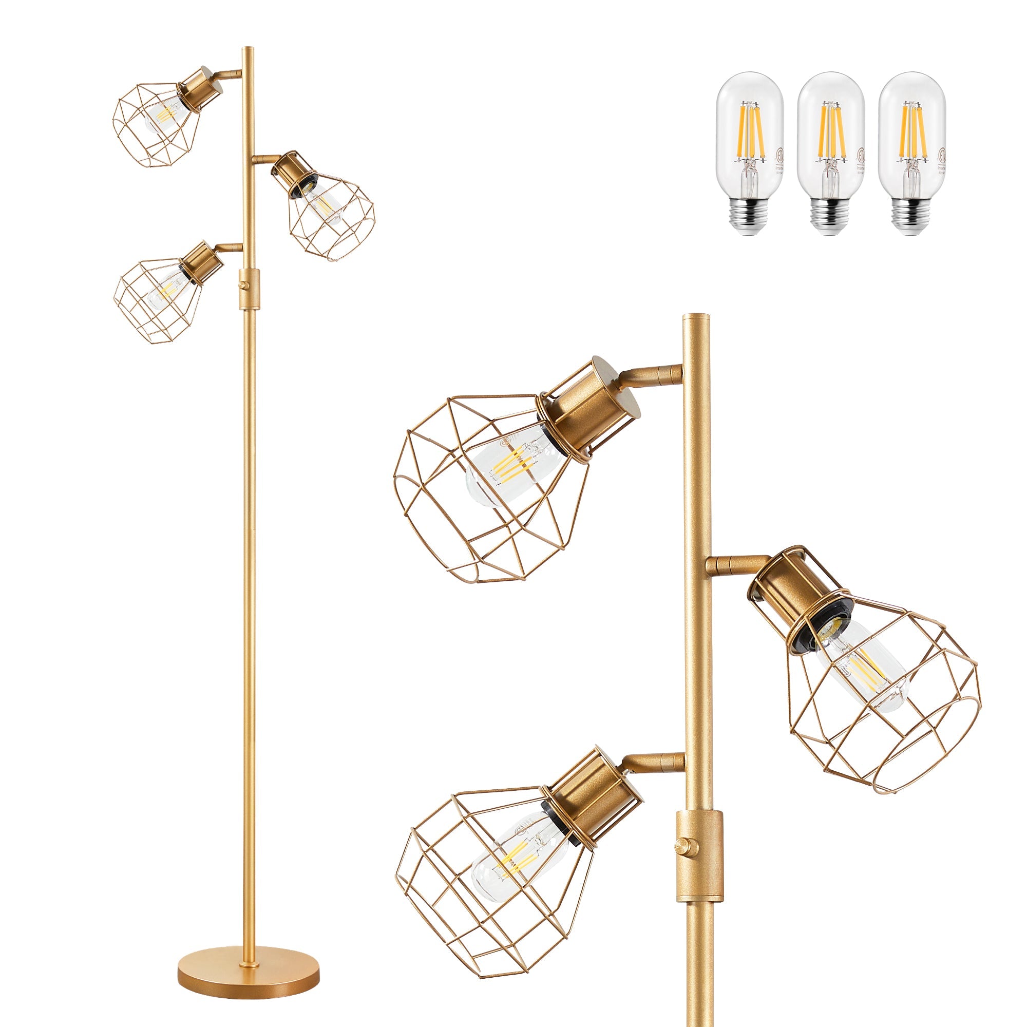EDISHINE 64.8" Dimmable Tree Floor Lamp,3 Bulbs Included, Gold-HFLDA1A