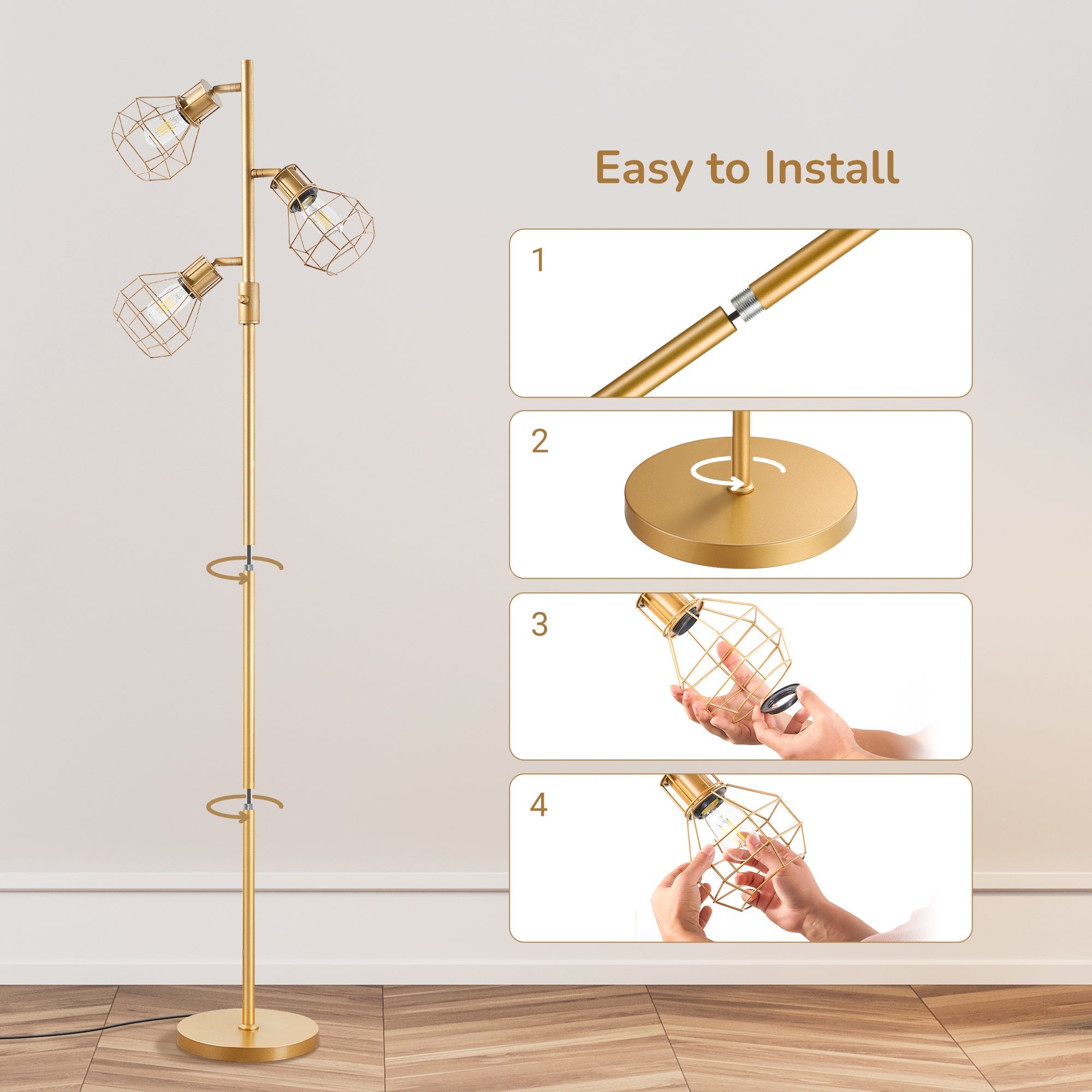 EDISHINE 64.8" Dimmable Tree Floor Lamp,3 Bulbs Included, Gold-HFLDA1A