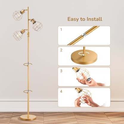 EDISHINE 64.8" Dimmable Tree Floor Lamp,3 Bulbs Included, Gold-HFLDA1A