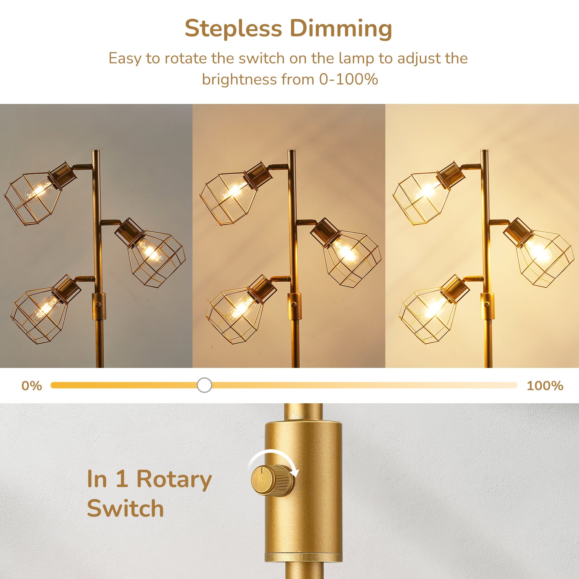 EDISHINE 64.8" Dimmable Tree Floor Lamp,3 Bulbs Included, Gold-HFLDA1A