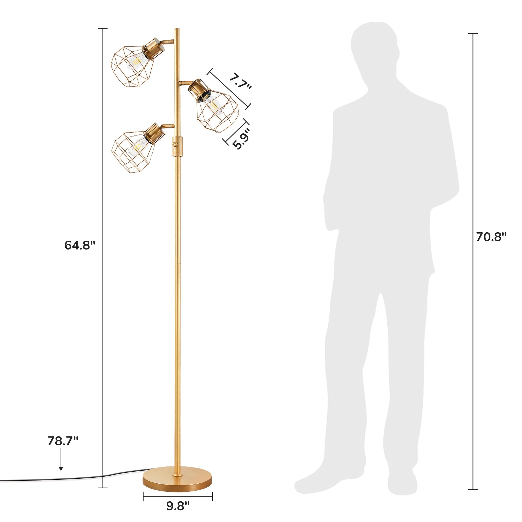 EDISHINE 64.8" Dimmable Tree Floor Lamp,3 Bulbs Included, Gold-HFLDA1A