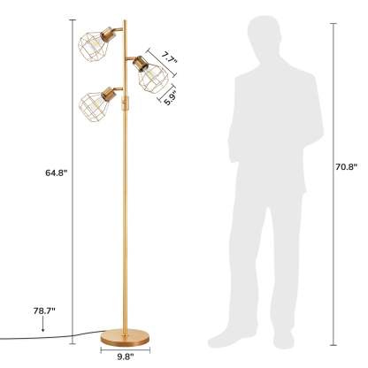 EDISHINE 64.8" Dimmable Tree Floor Lamp,3 Bulbs Included, Gold-HFLDA1A