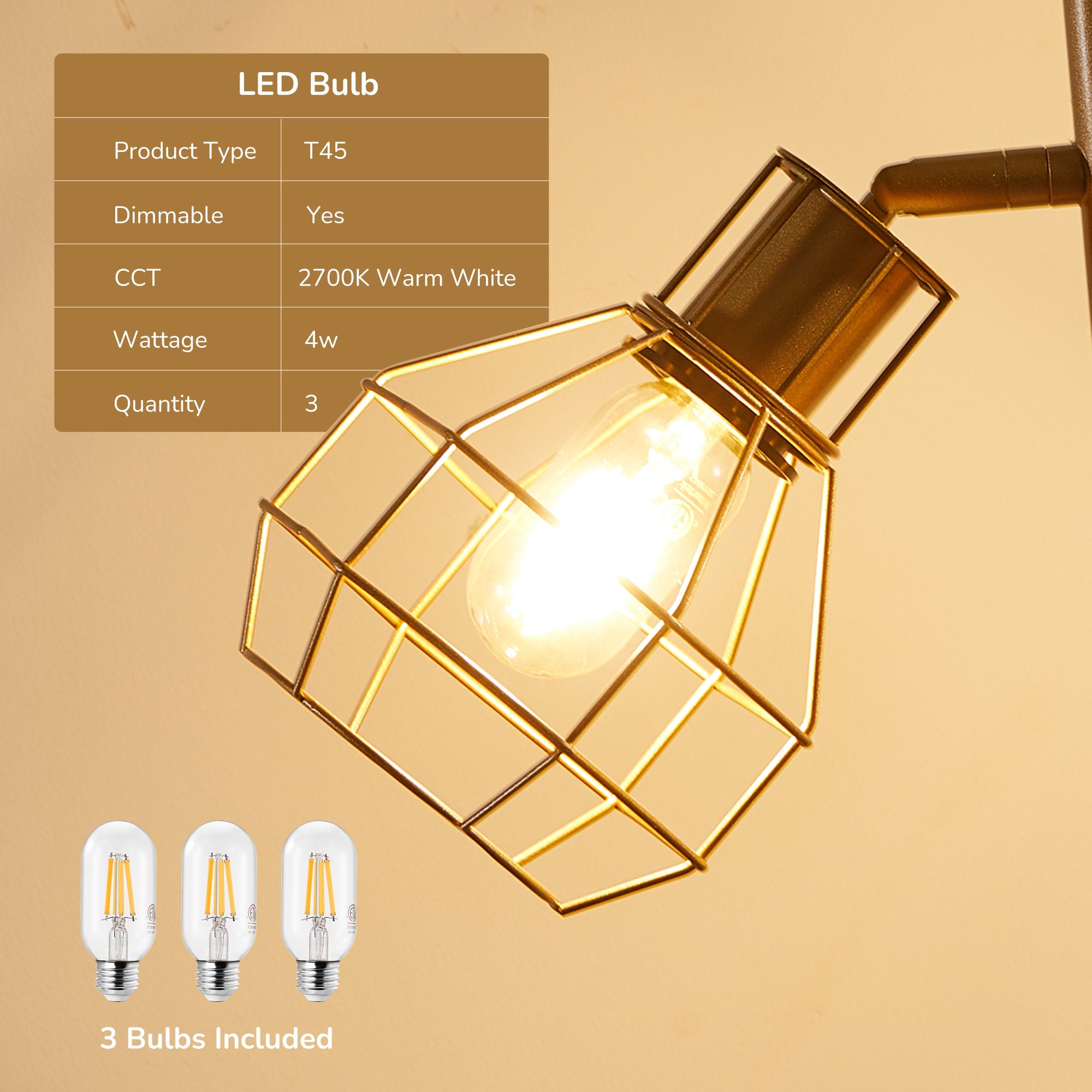 EDISHINE 64.8" Dimmable Tree Floor Lamp,3 Bulbs Included, Gold-HFLDA1A