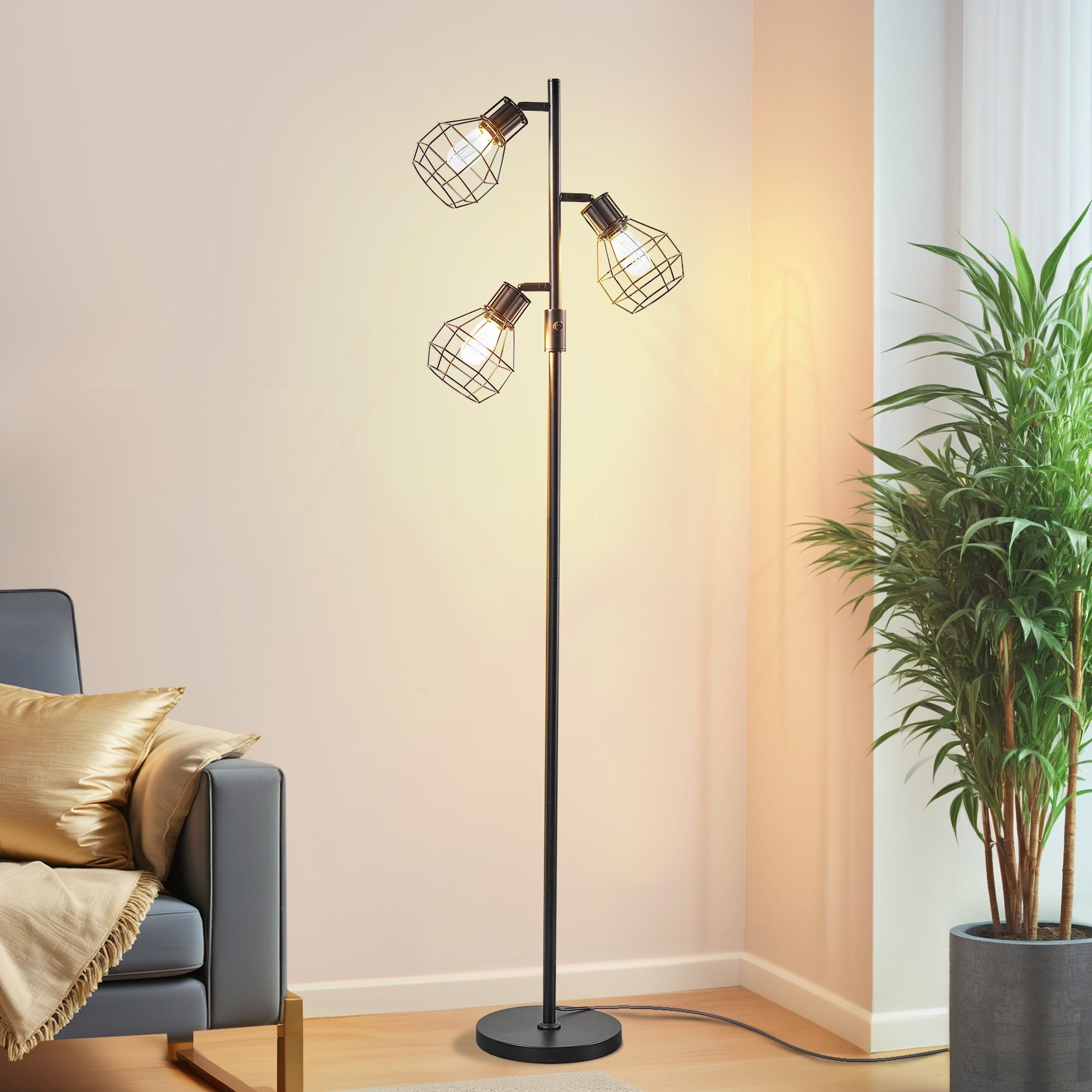 EDISHINE 64.8" Dimmable Tree Floor Lamp,3 Bulbs Included, Black-HFLDA1B