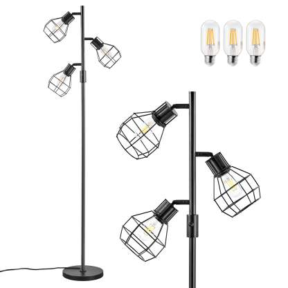 EDISHINE 64.8" Dimmable Tree Floor Lamp,3 Bulbs Included, Black-HFLDA1B