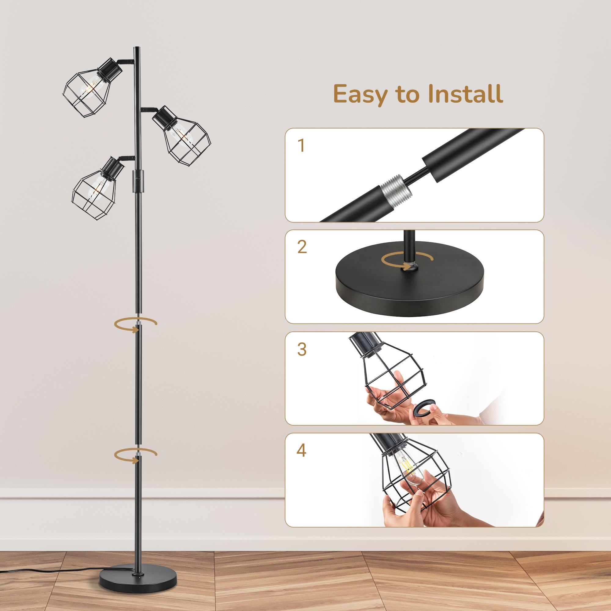 EDISHINE 64.8" Dimmable Tree Floor Lamp,3 Bulbs Included, Black-HFLDA1B