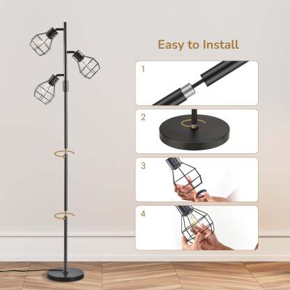 EDISHINE 64.8" Dimmable Tree Floor Lamp,3 Bulbs Included, Black-HFLDA1B