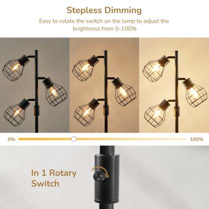 EDISHINE 64.8" Dimmable Tree Floor Lamp,3 Bulbs Included, Black-HFLDA1B